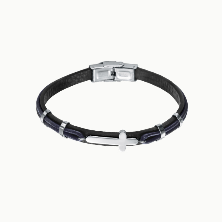 PULSERA CRUZ ACERO PIEL NEGRA Y AZUL SR FN